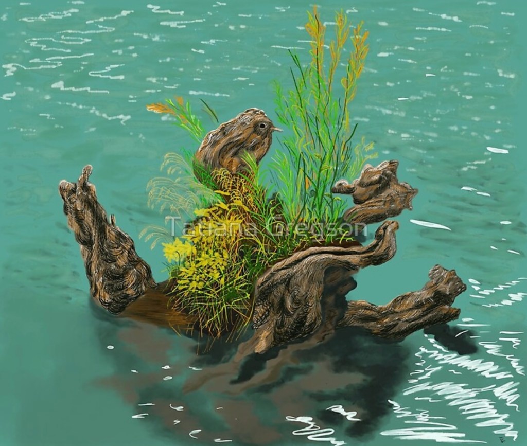 Digital painting of a weathered tree stump emerging from a turquoise lake, covered in moss and sprouting vibrant greenery, with calm water rippling around it.