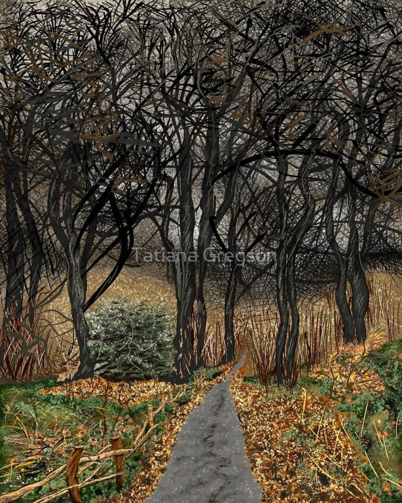 Contemporary, digital painting of a peaceful pathway leading through a dense forest of intertwining branches in Haywood Park, London. The scene captures a contract between dark tree silhouettes and the warmth of autumn foliage.