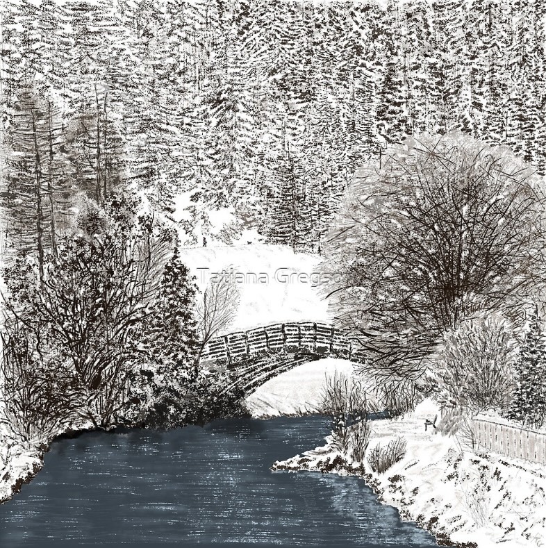 Digital winter mountain landscape painting of Tignes les Brevieres. A wintery black-and-white scene of a bridge crossing the Isere River, surrounded by snow-covered trees and dense forest backdrop. The calm water contrasts with the intricate details of the snowy landscape.