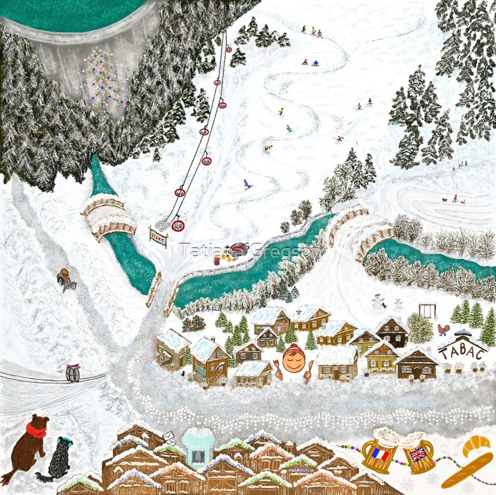 Illustrated winter Tignes les Brevieres village scene with snowy mountains, ski slopes, a gondola lift, and river Isérè winding through the landscape. Cosy wooden chalets, a ski resort, and small details like a bear and dogs overlooking the village add charm to the artwork.