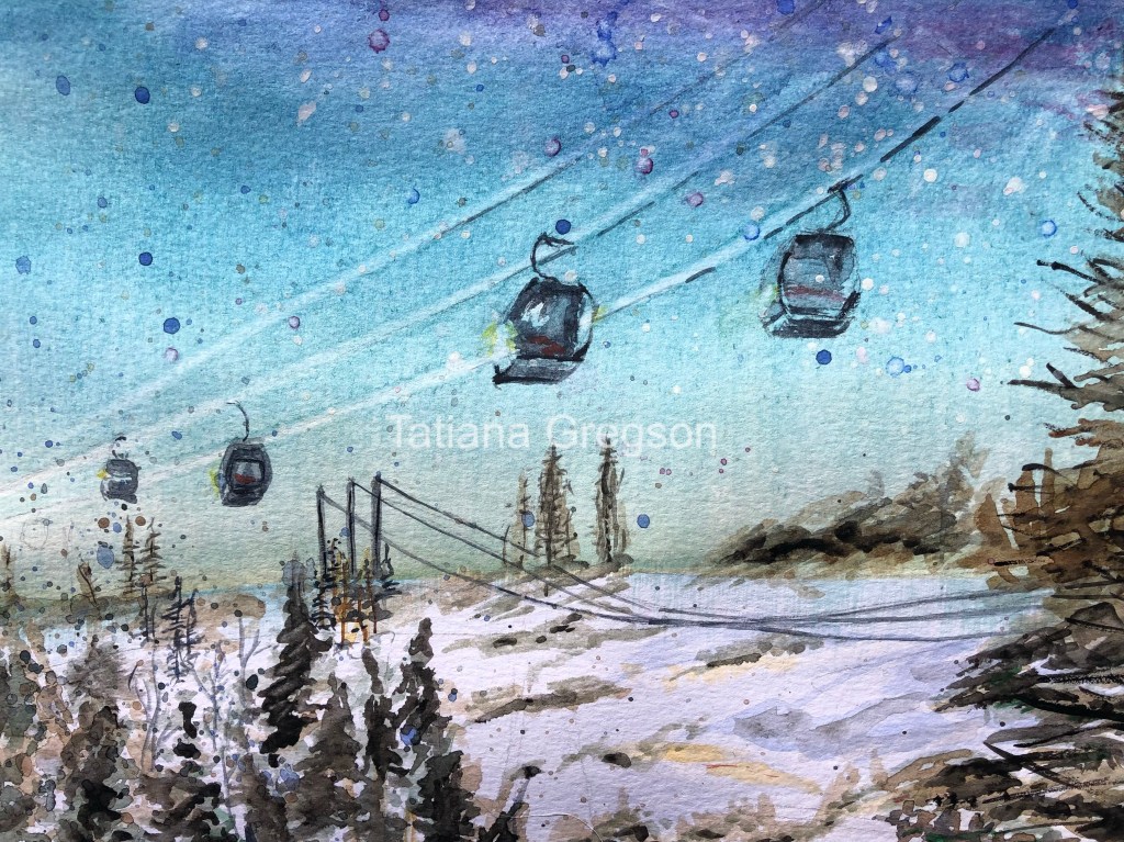 Watercolour painting of one winter day in a ski resort. Gondola lift cabins above the trees, snowing. Winter landscape.