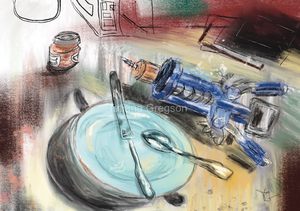 Abstract painting of a plate and cutleries left on a kitchen table in soft pallet of colours - blue, burgundy, turquois, emerald . Everyday life. Still life. iPad drawing. 