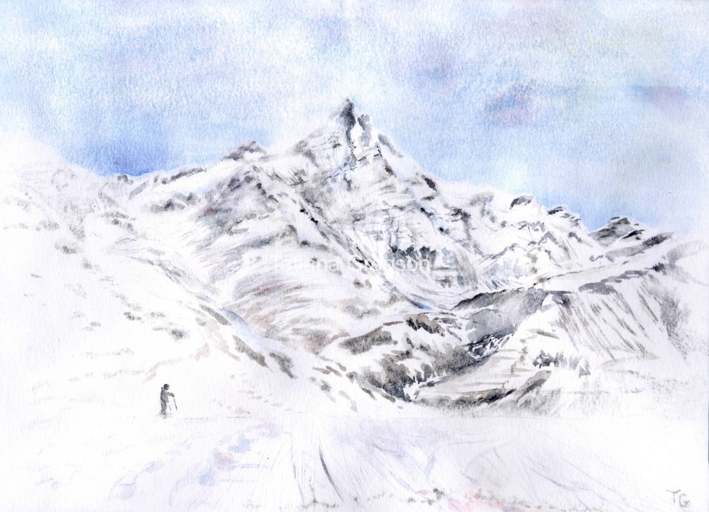 Watercolour painting of a view on La Grande Sassiere in Tignes, depicting a lone skier amidst the vast, snow-covered landscape. A serene and contemplative winter scene with rugged alpine peaks under a soft blue sky.