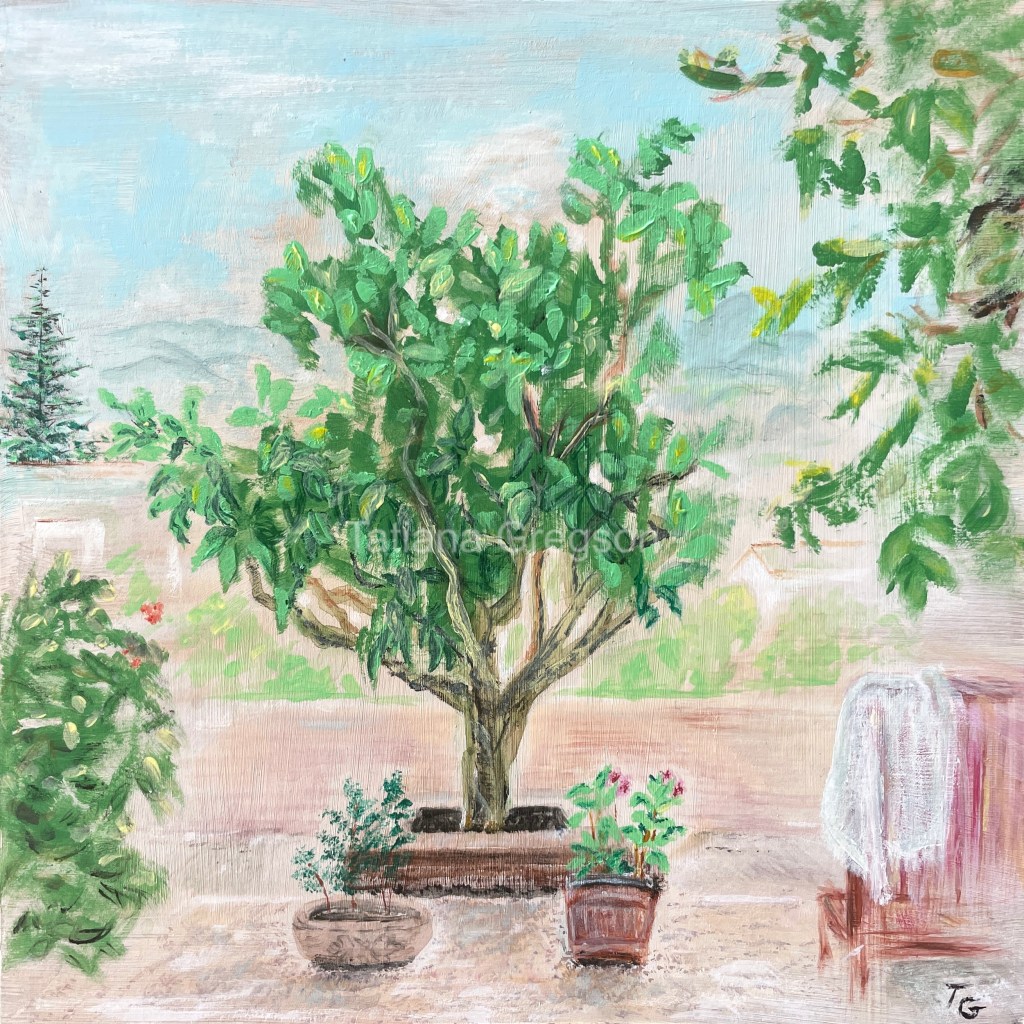 Original small acrylic artwork on recycled cardboard, Provence garden with loquat tree and terracotta pots in a summer light of peaceful Mediterranean atmosphere. 