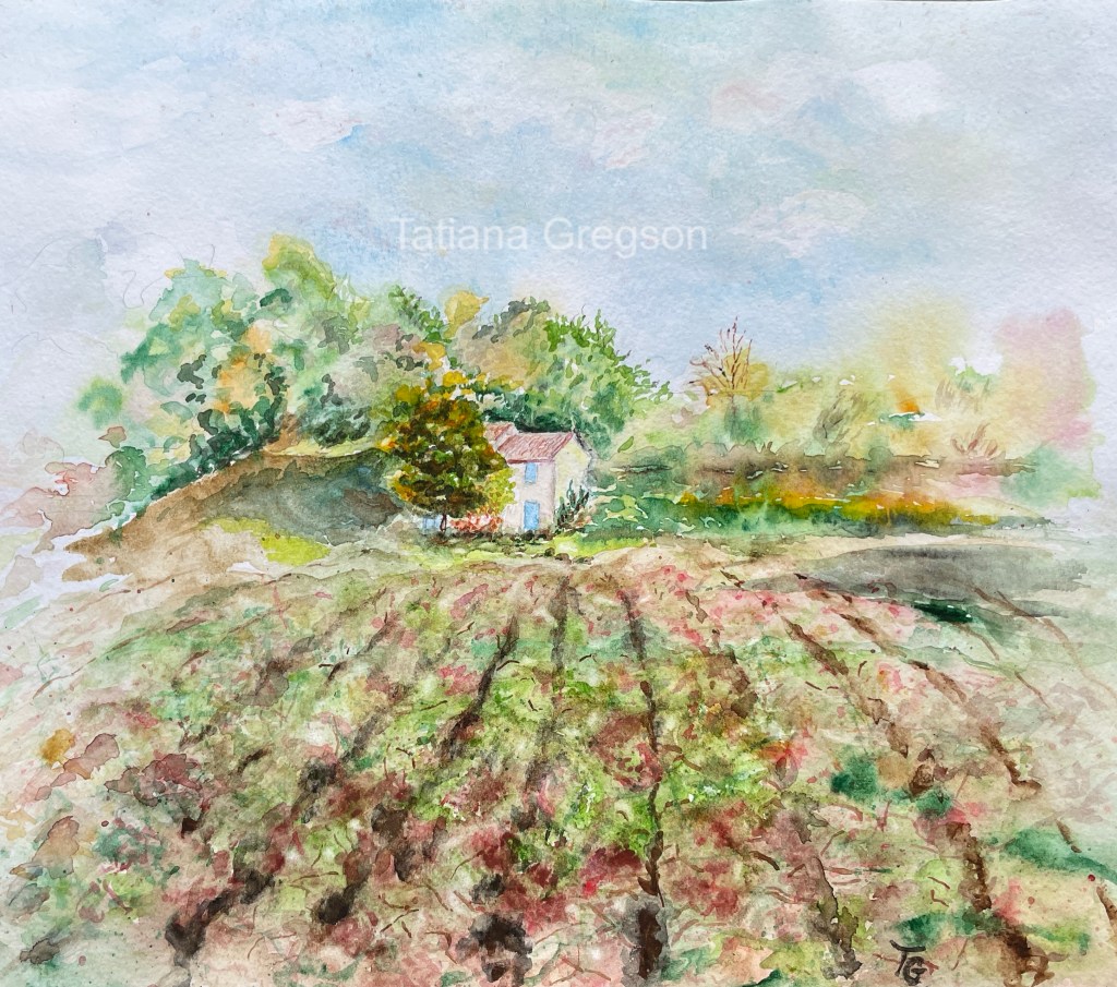 Original watercolour painting of a cozy house with blue shutters in a peaceful French countryside, ideal for home decor and wall art